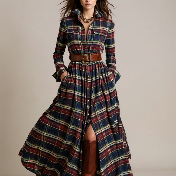 Giovanna | Robe Maxi à Carreaux Rétro avec Ceinture